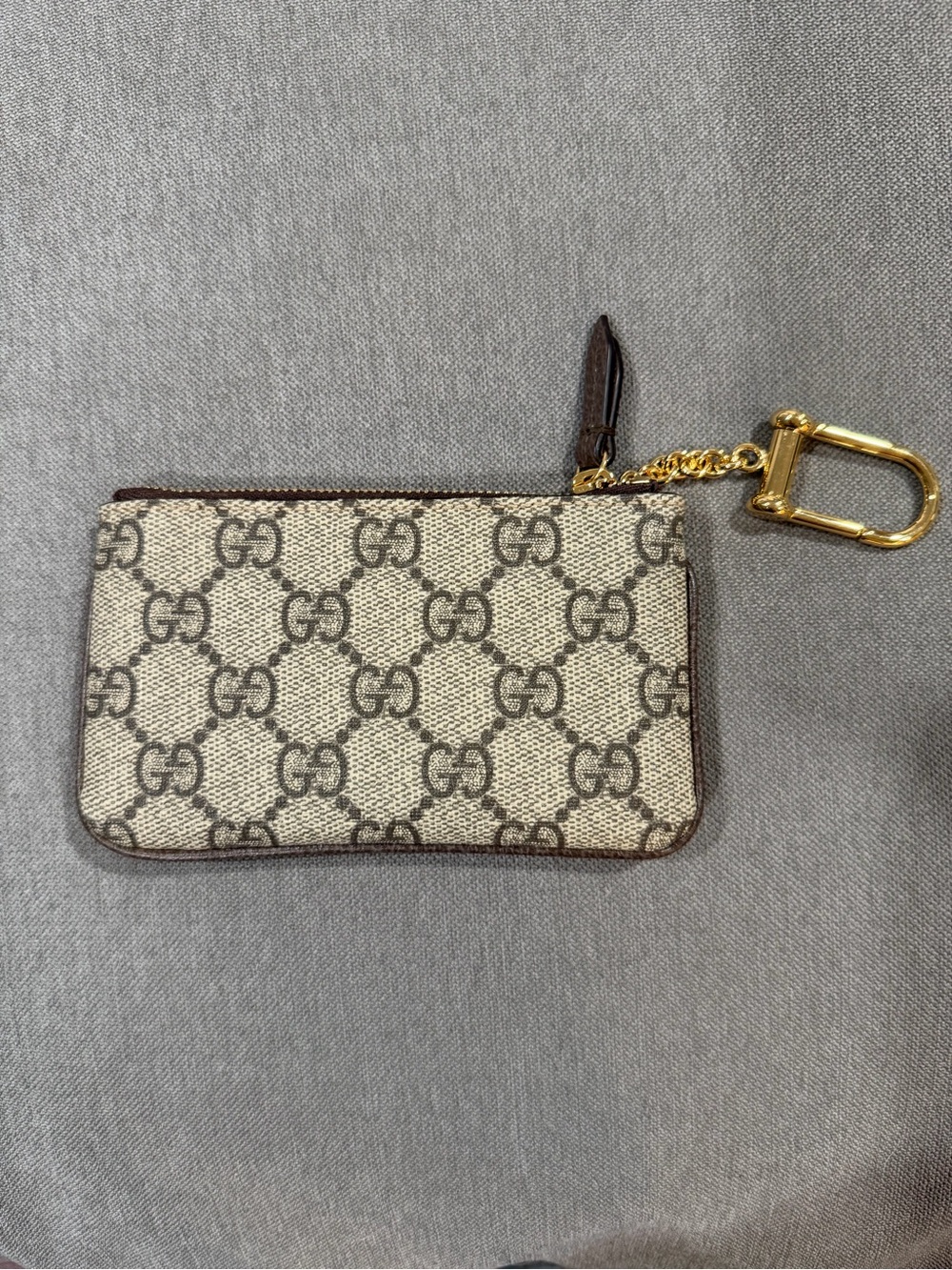 Gucci Beige GG Canvas Key & Card Holder with Brown Trim and Gold Hardware